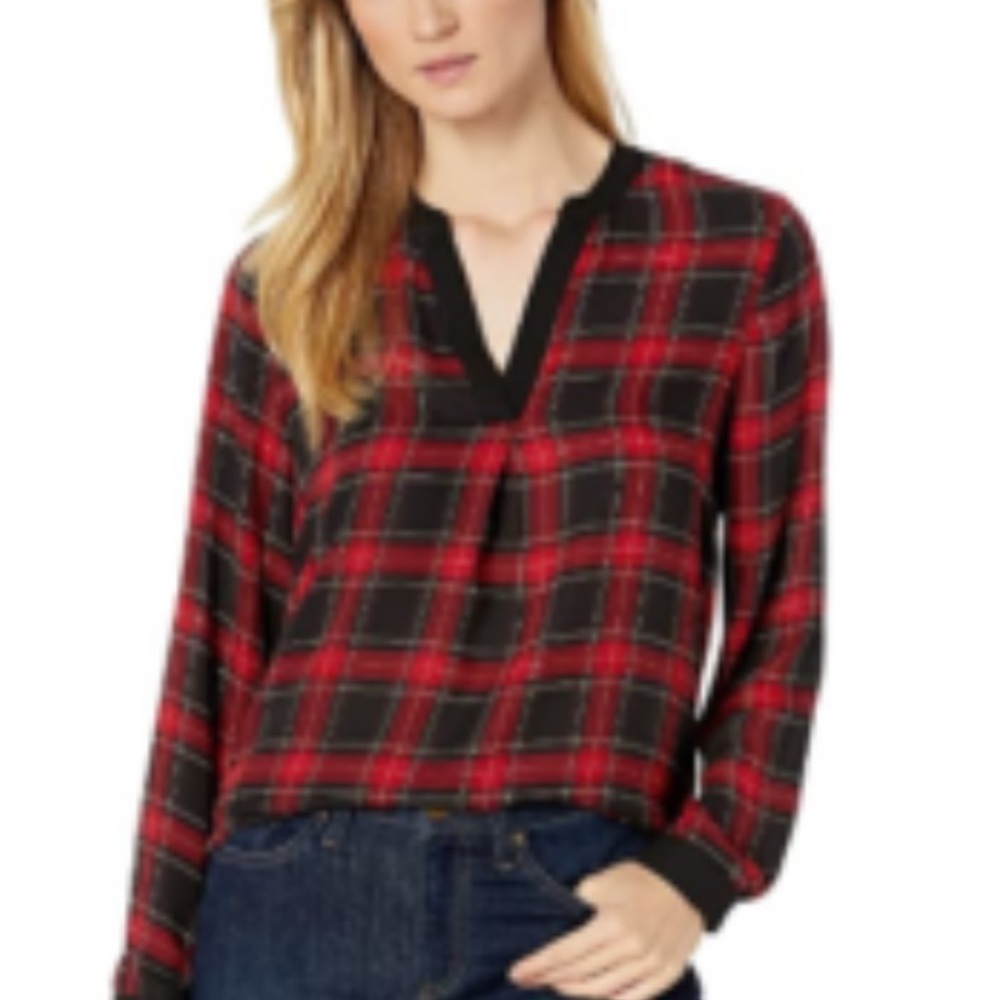 Vince Camuto Women’s Top Tunic 3/4 Sleeve Plaid V- Neck Size 1X